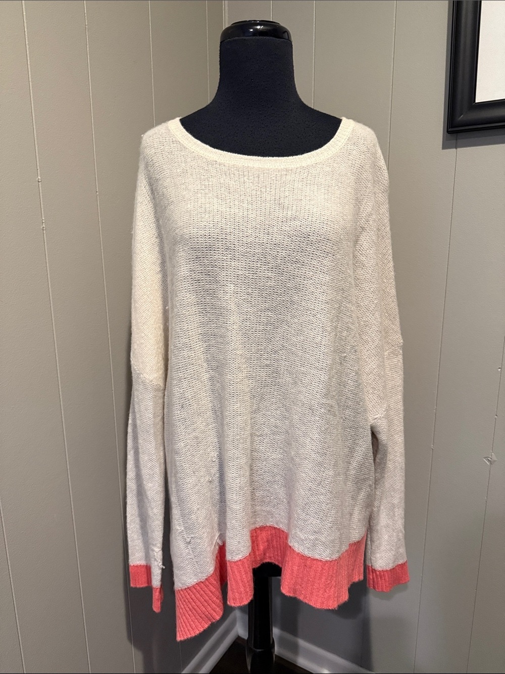 InCashmere Women’s Ivory Crewneck Sweater with Coral Hem and Cuffs